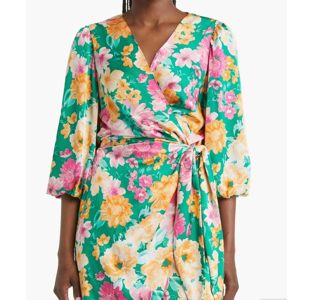 Charles Henry Green Floral Satin Wrap Minidress XL